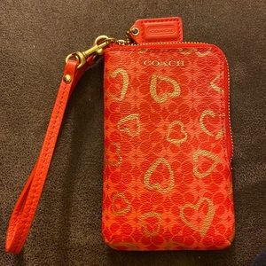 NWOT Coach Wristlet, Red/Gold Hearts 3 Credit card Slots.